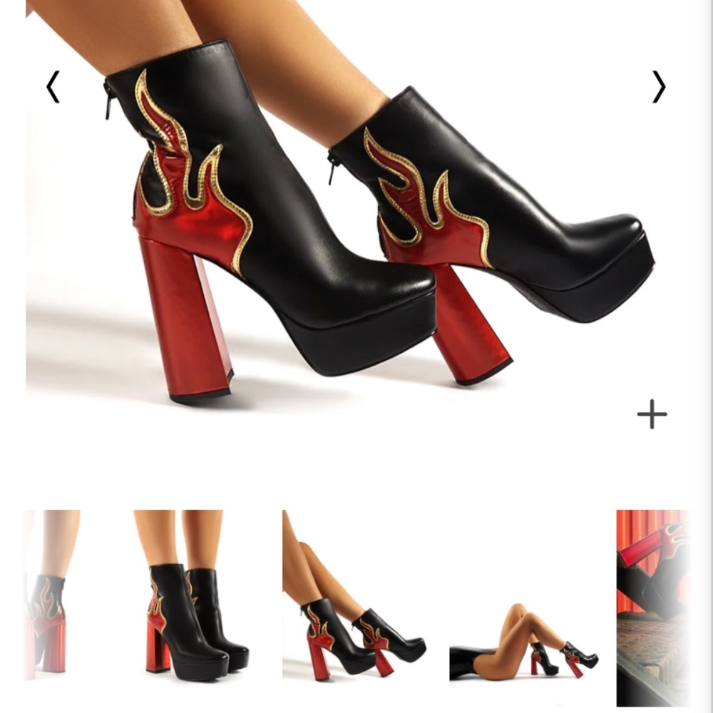Public Desire Black Red Gold Flame Platform Heeled Ankle Boots